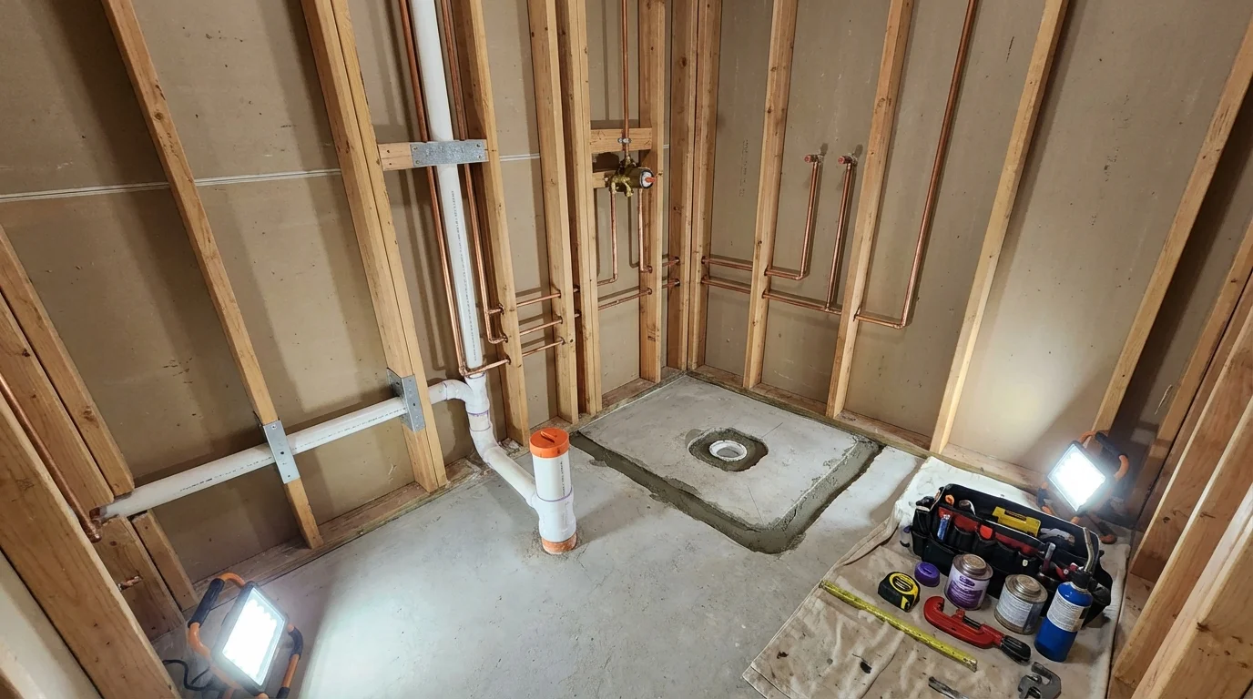 Bathroom rough-in plumbing during remodel by Johns Plumbing LLC in Hope Mills