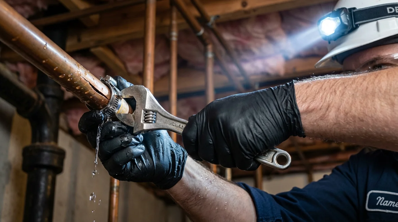 Emergency pipe clamp repair being performed by a Johns Plumbing LLC plumber in Hope Mills