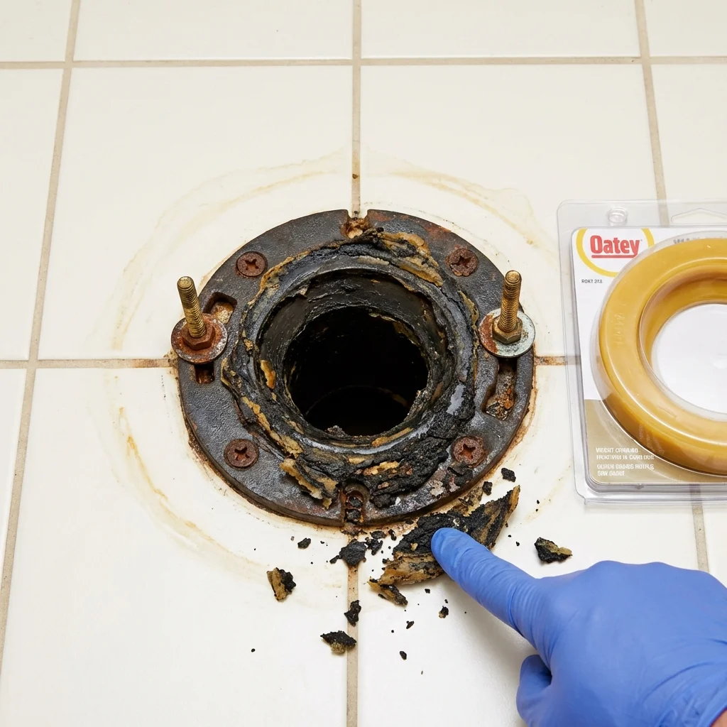 Failed wax ring showing water seepage at the base of a toilet in a Hope Mills, NC home